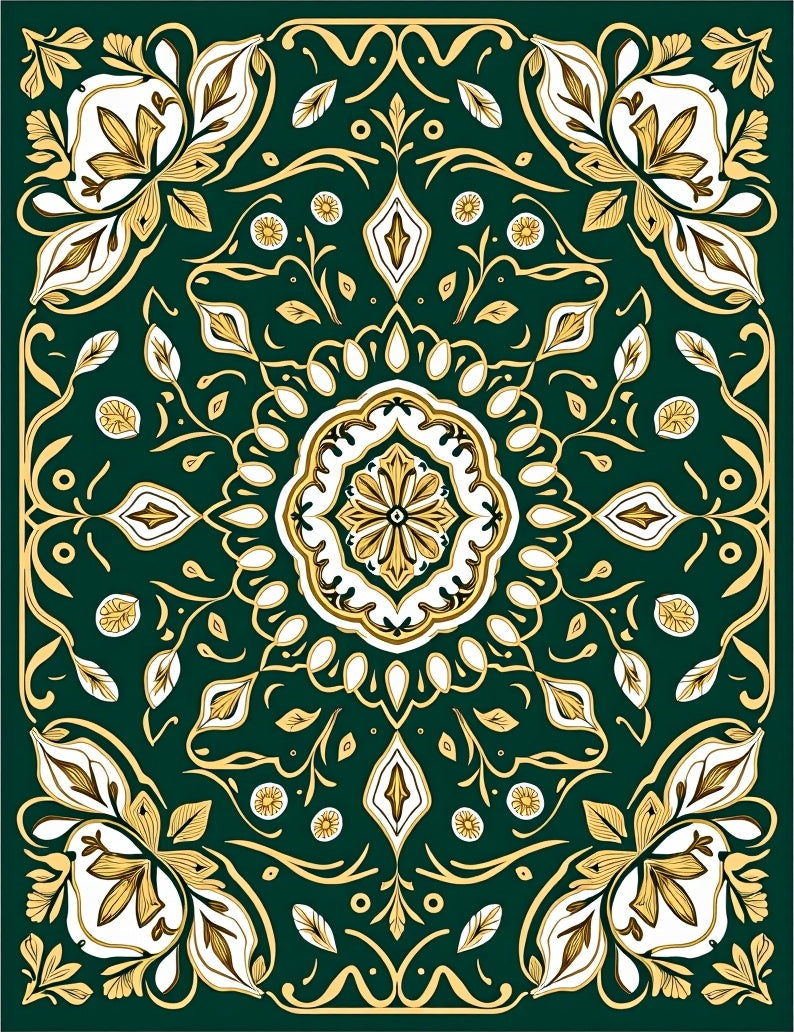 Emerald Gold Floral Mandala Rug