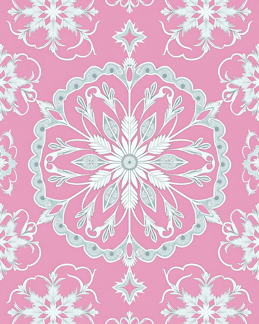 Pink White Intricate Floral Medallion Rug