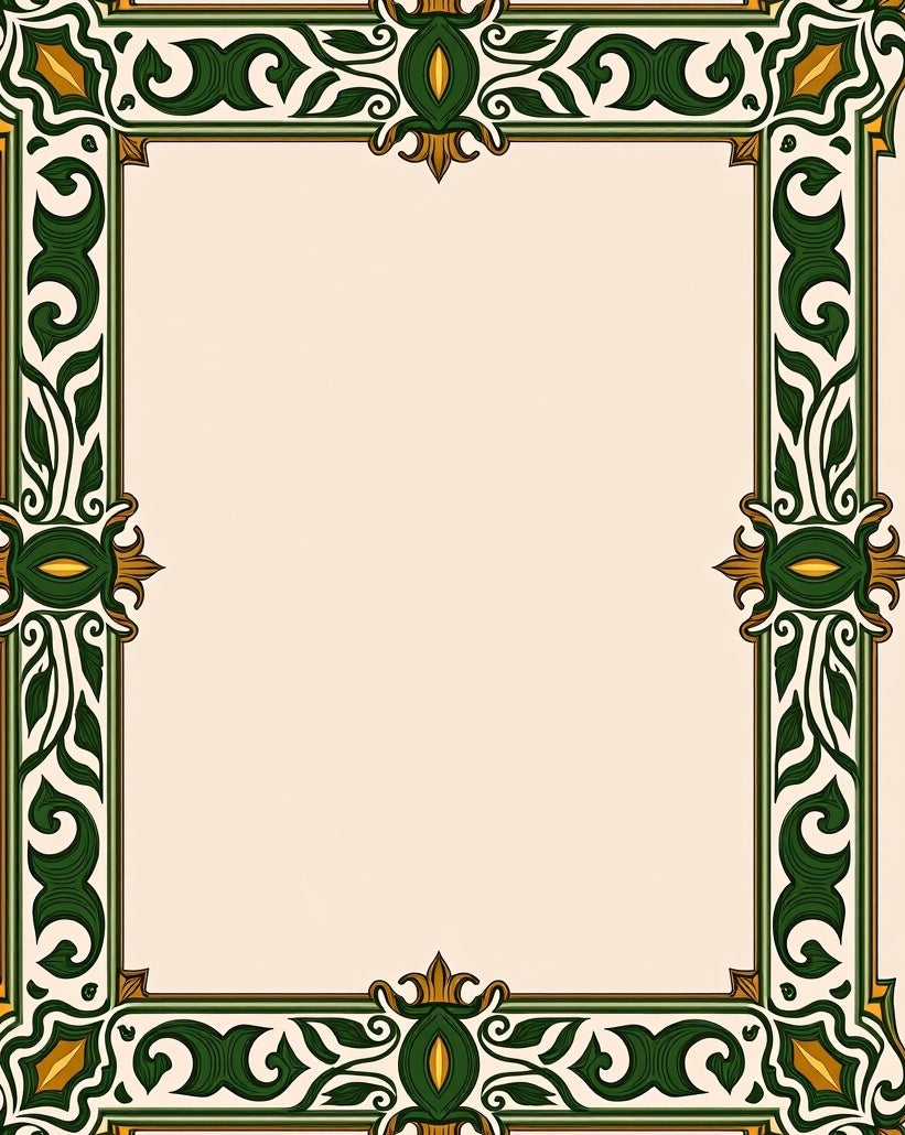 Ornate Green Gold Floral Border Rug