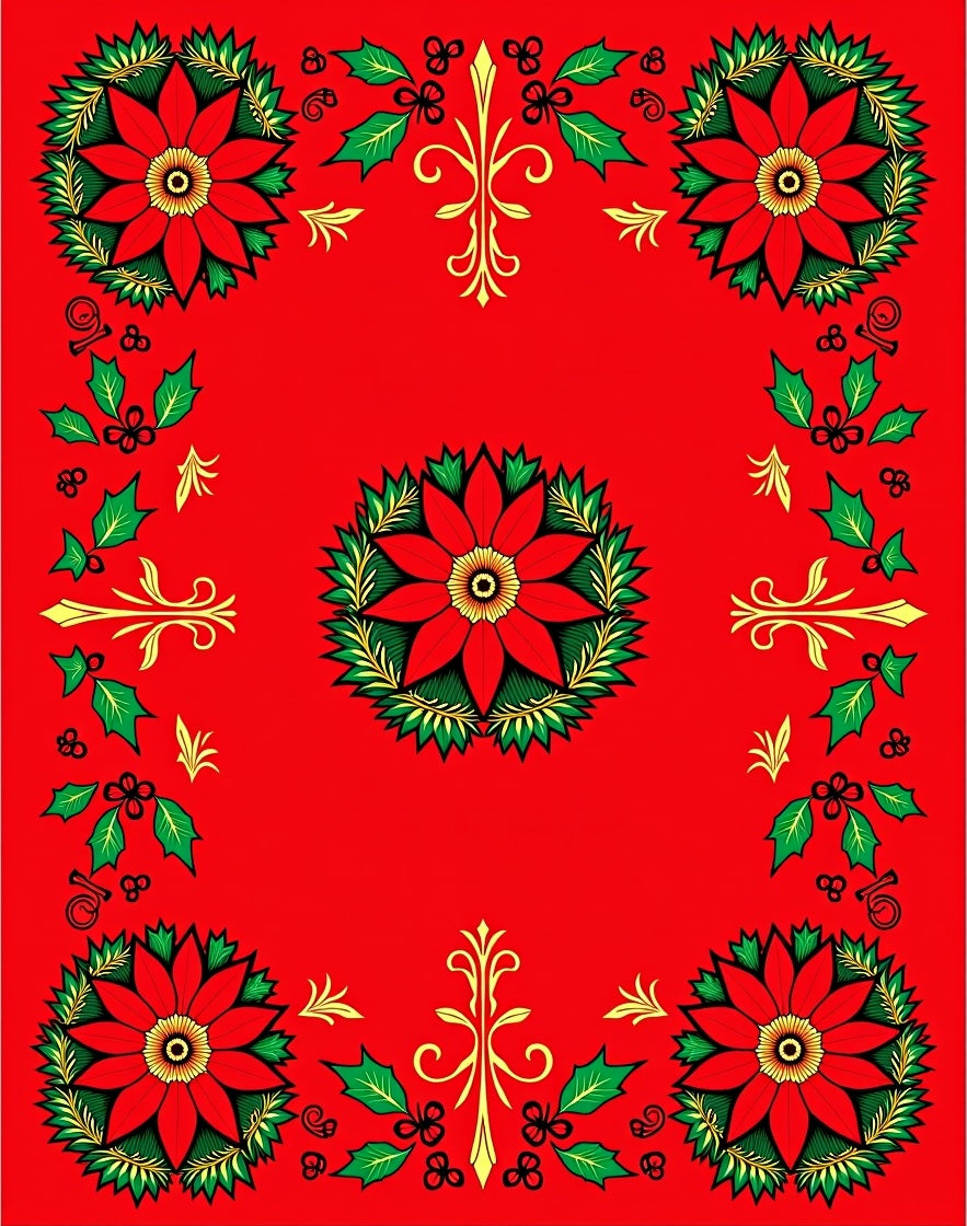 Red Poinsettia Holly Christmas Frame Rug