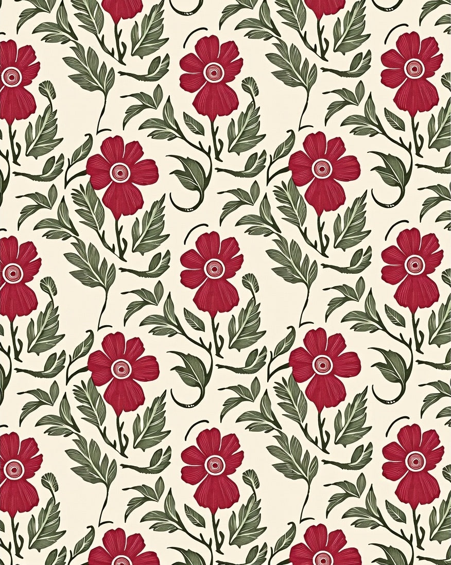 Crimson Flower Leaf Pattern Rug