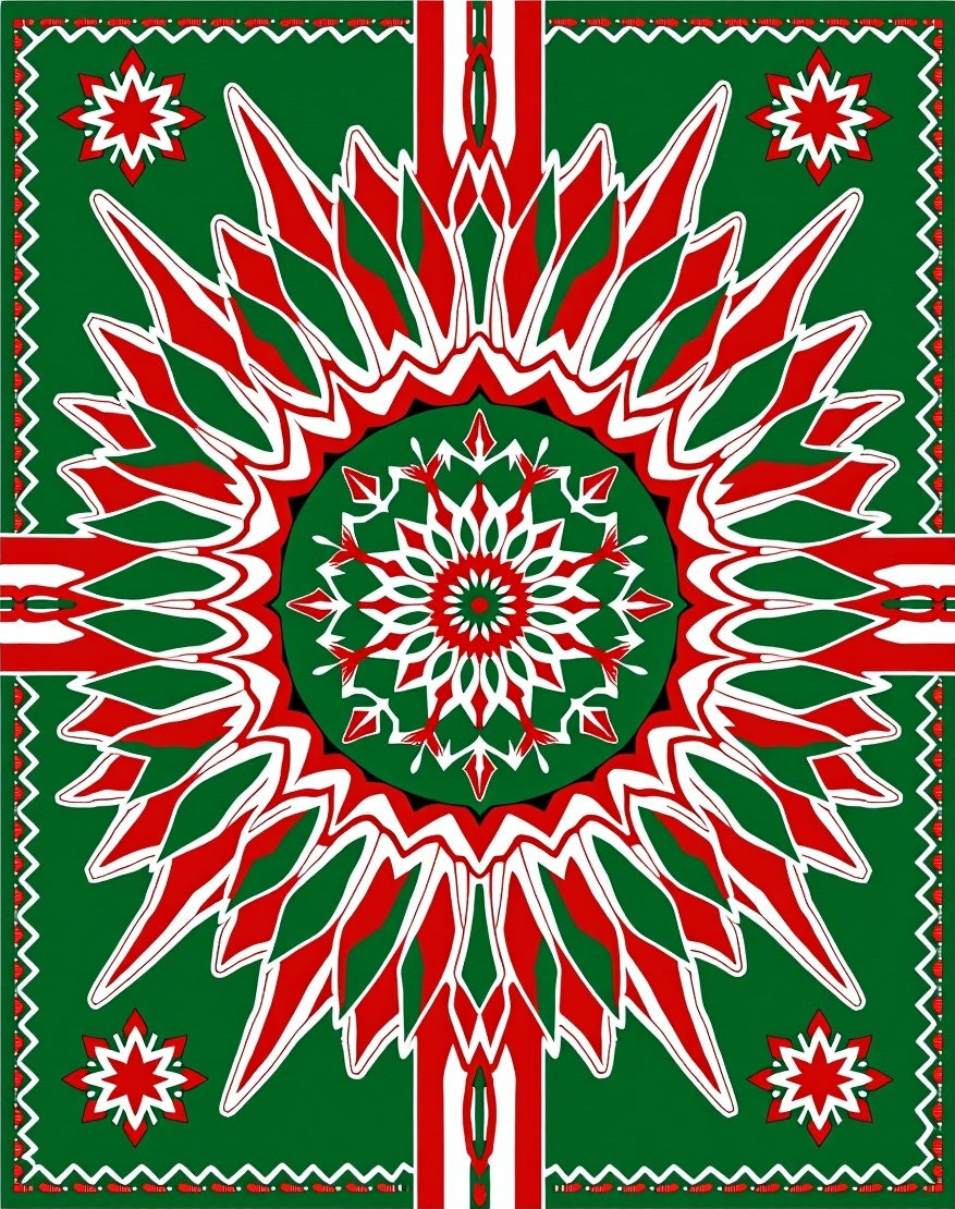 Bold Red Green Geometric Sun Rug