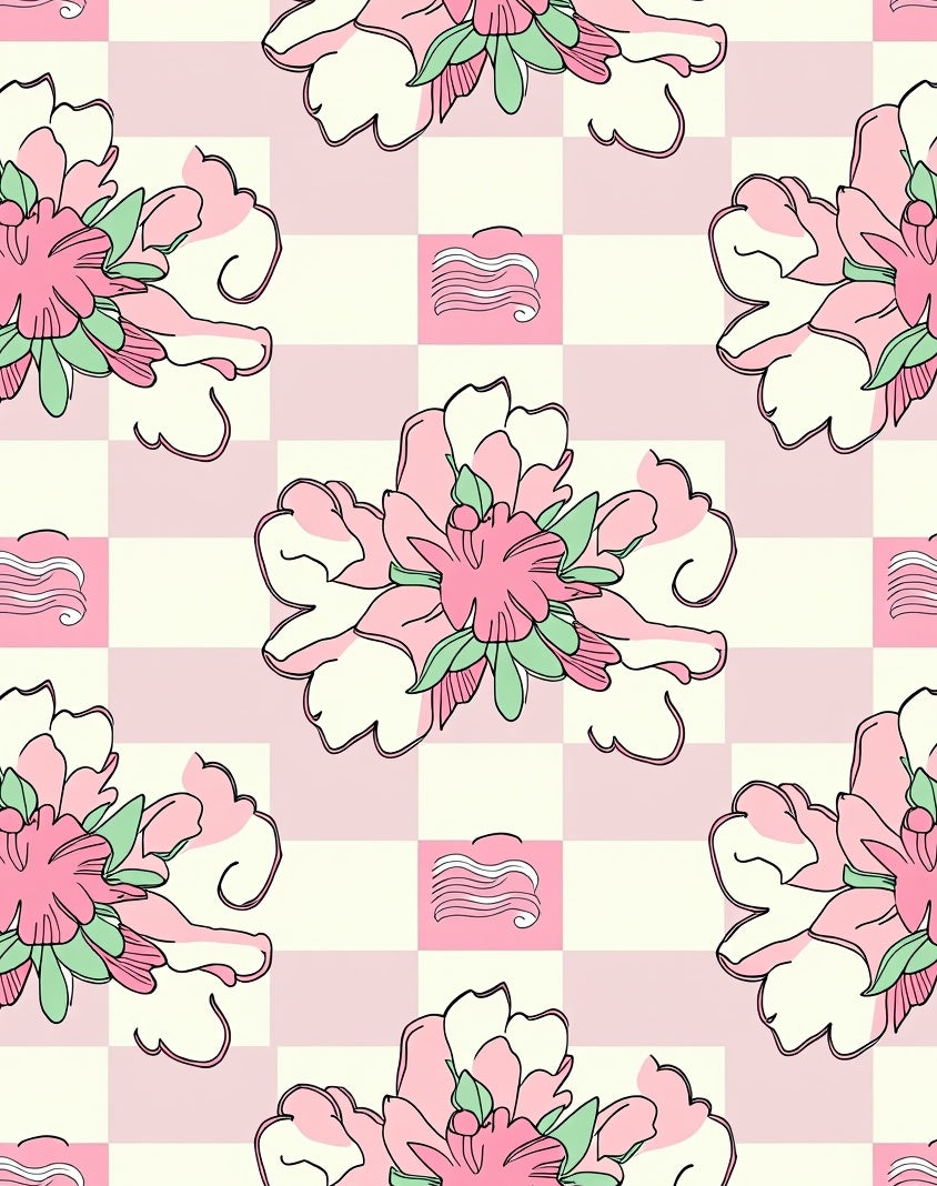 Pink Floral Checkerboard Whimsical Design Rug