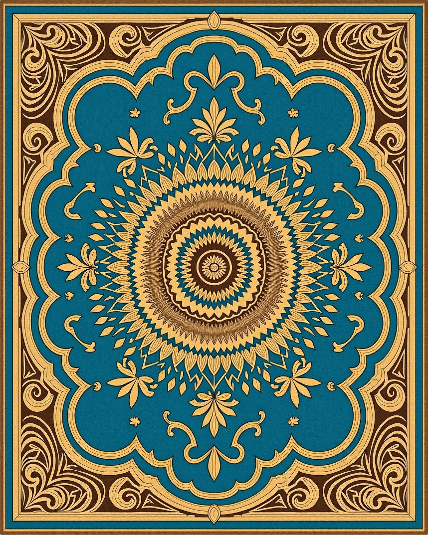 Ornate Teal Gold Mandala Rug