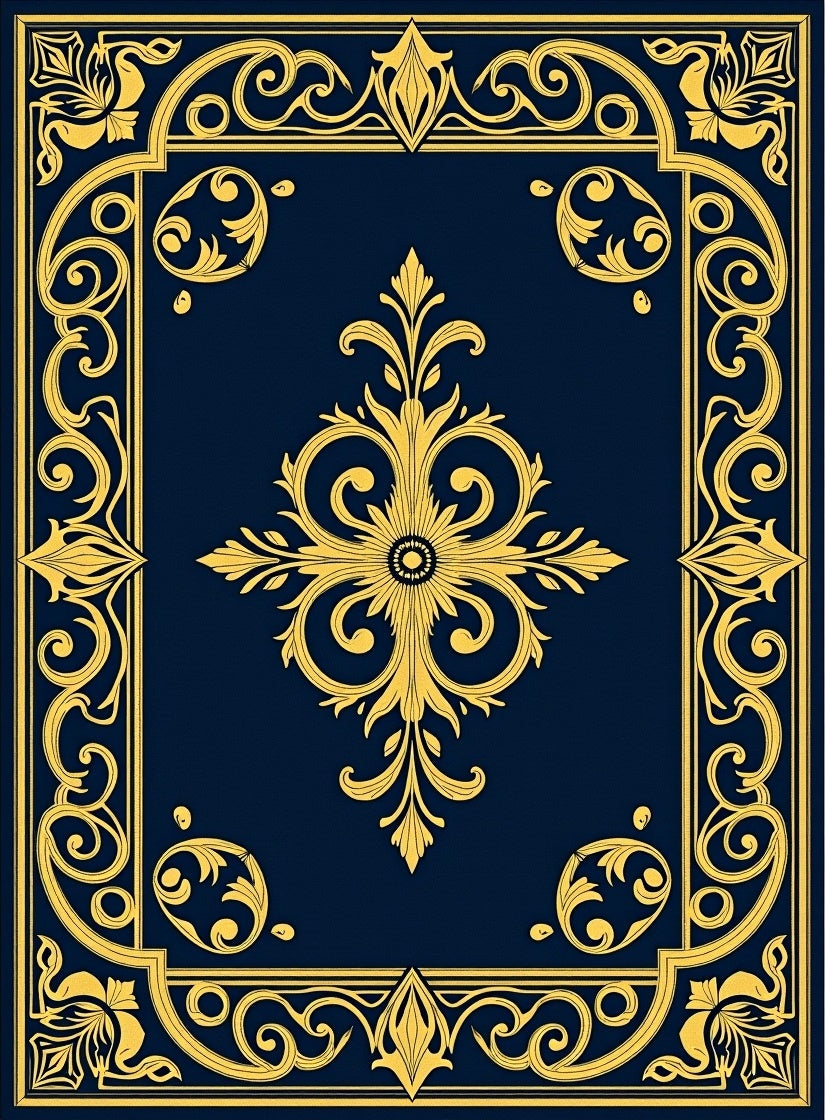 Ornate Gold Navy Scrollwork Design Rug