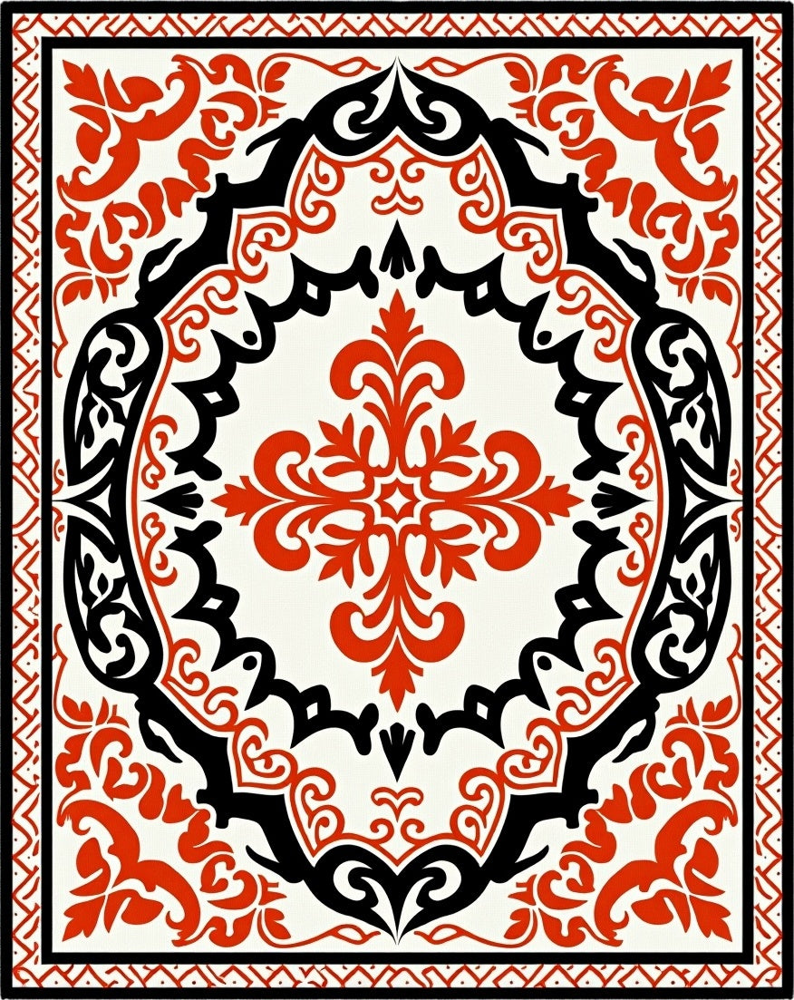 Red Black Floral Scroll Motif Rug