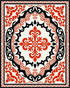 Red Black Floral Scroll Motif Rug