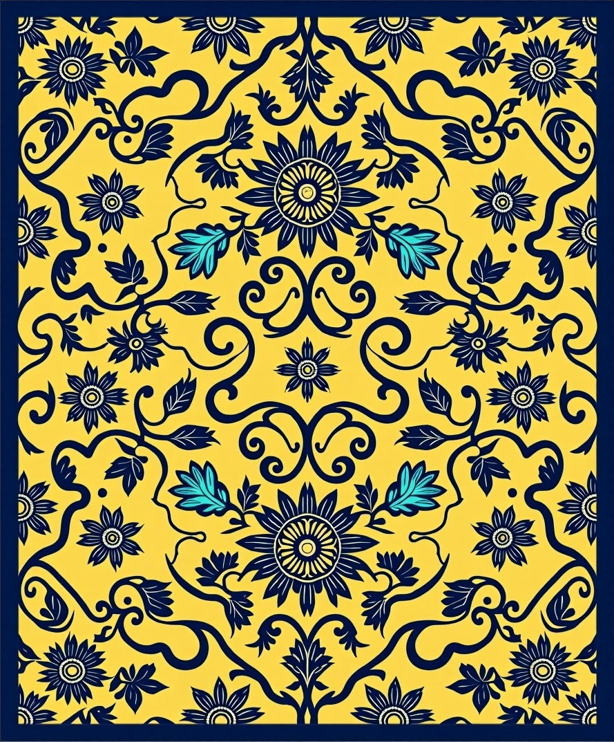 Yellow Floral Vine Intricate Pattern Rug