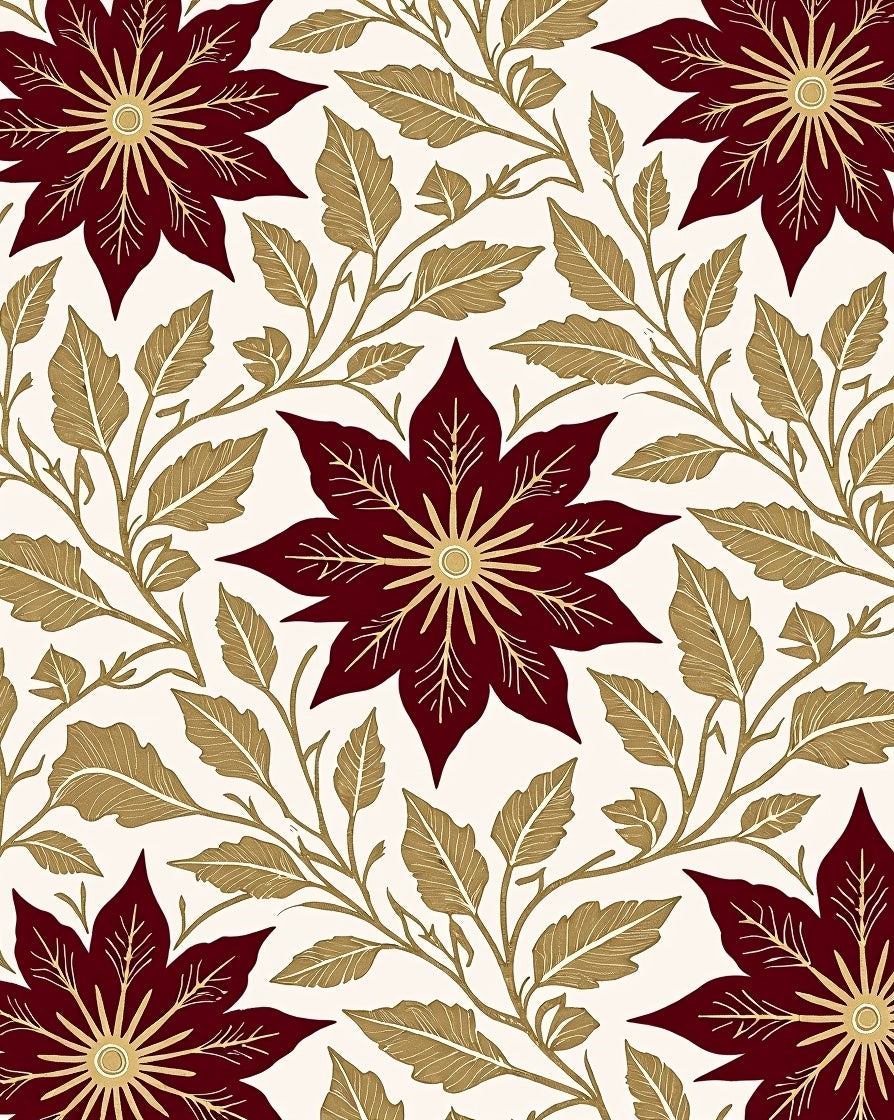 Deep Red Golden Floral Vine Rug