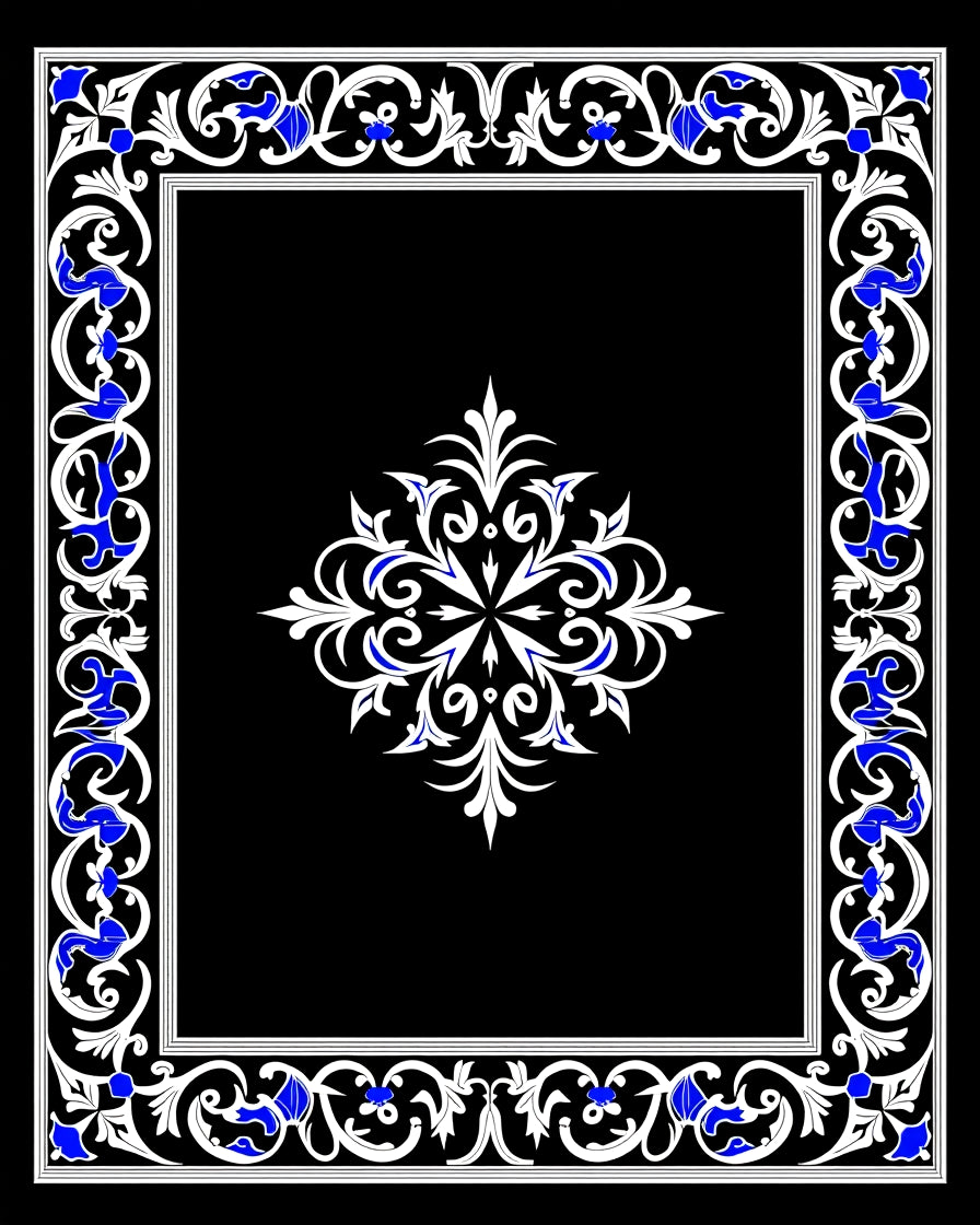 Ornate White Blue Floral Frame Pattern Rug