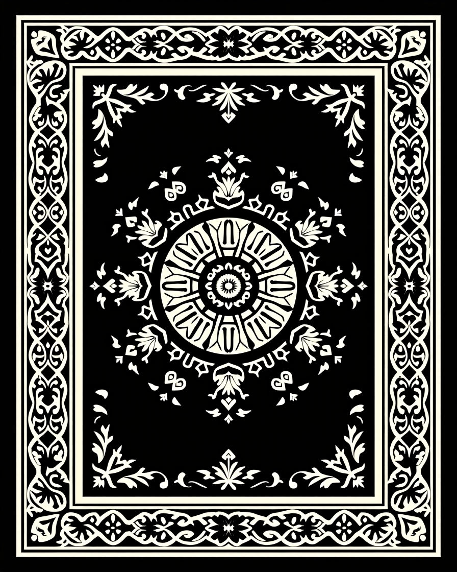 Ornate Black Cream Medallion Border Rug