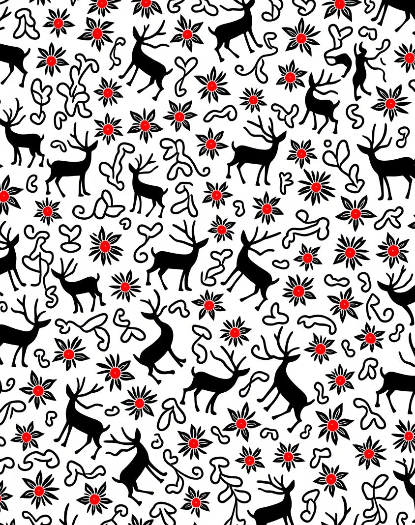 Black Deer Red Bloom Whimsical Art Rug