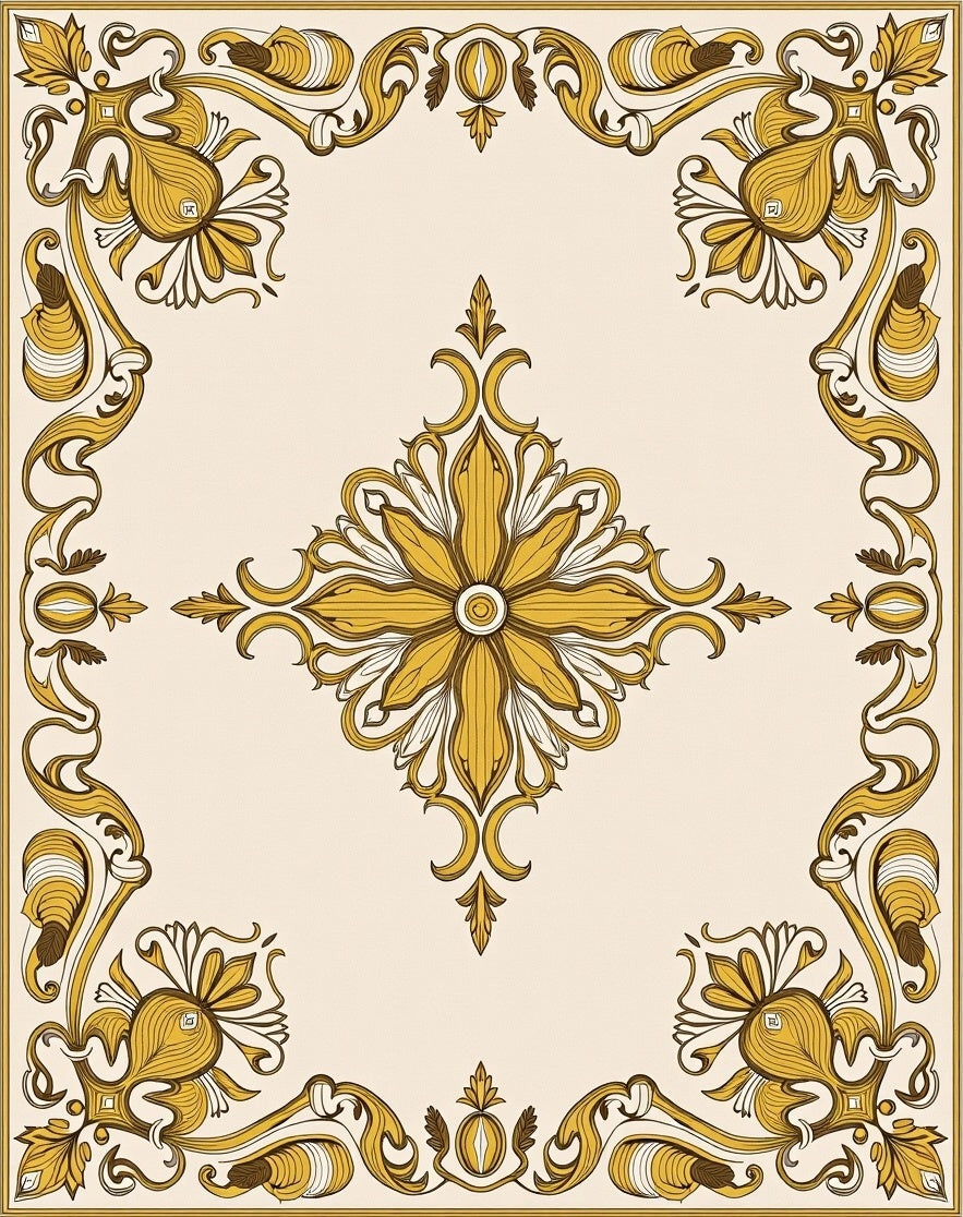 Ornate Golden Floral Scroll Rug