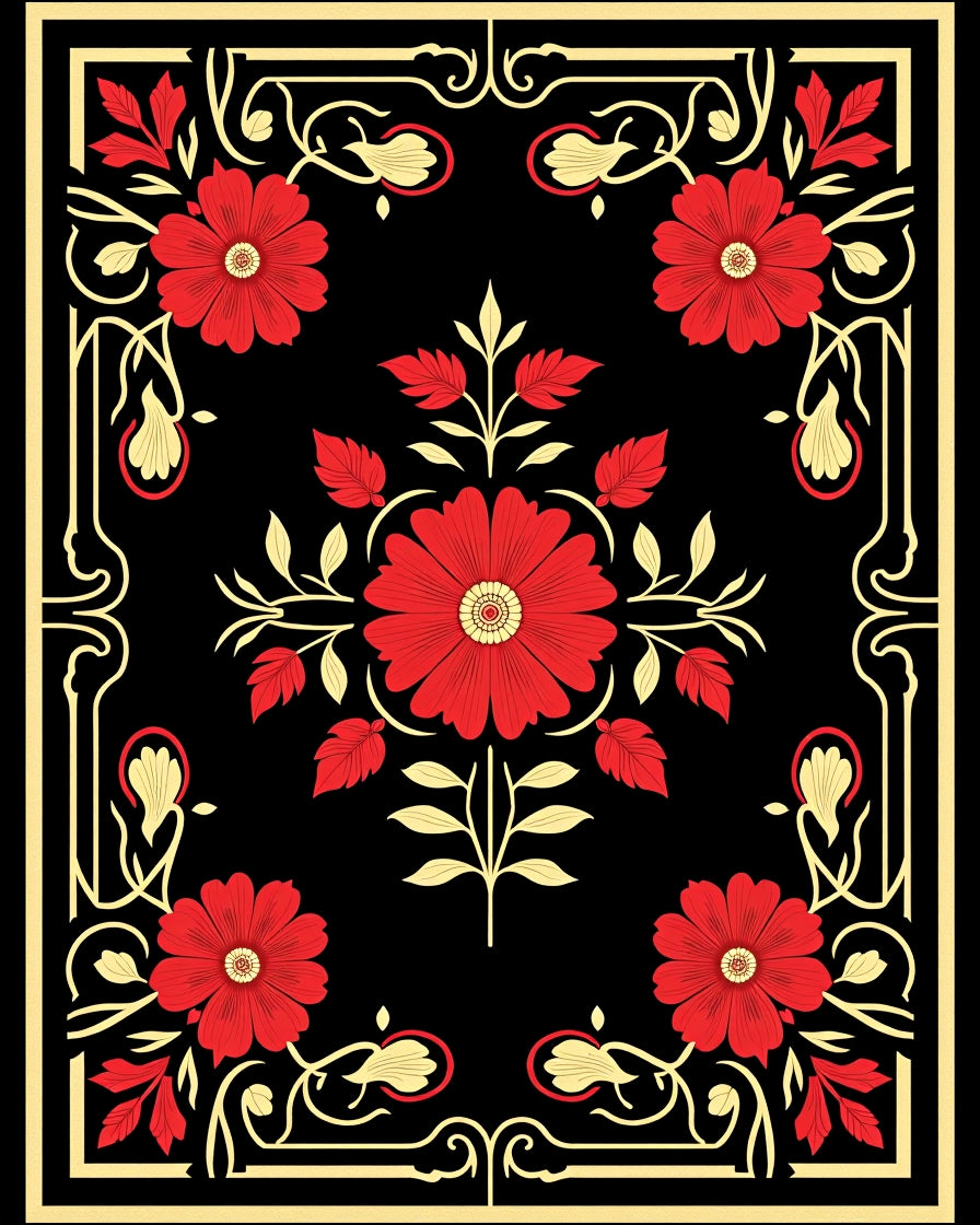 Red Floral With Gold Border Design Rug