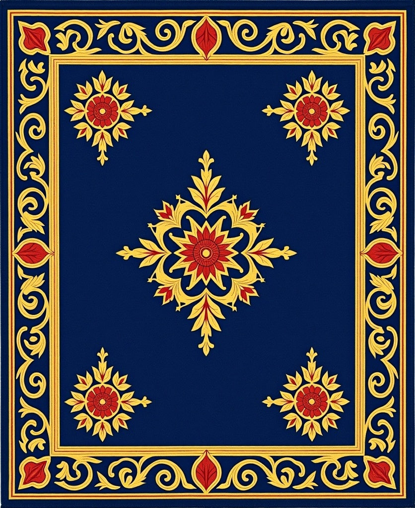 Ornate Floral Blue Gold Rug