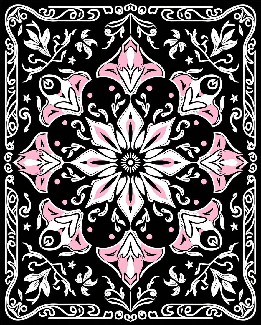 Intricate Floral Black Pink Art Rug