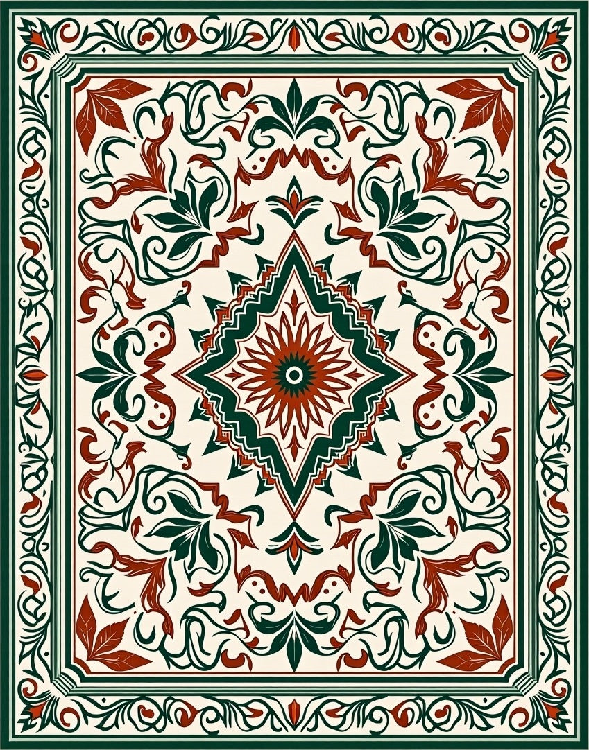Ornate Floral Bordered Geometric Rug