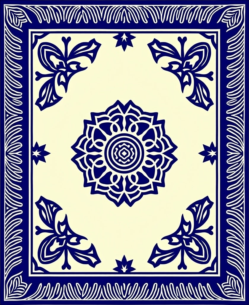 Classic Blue Floral Mandala Border Rug