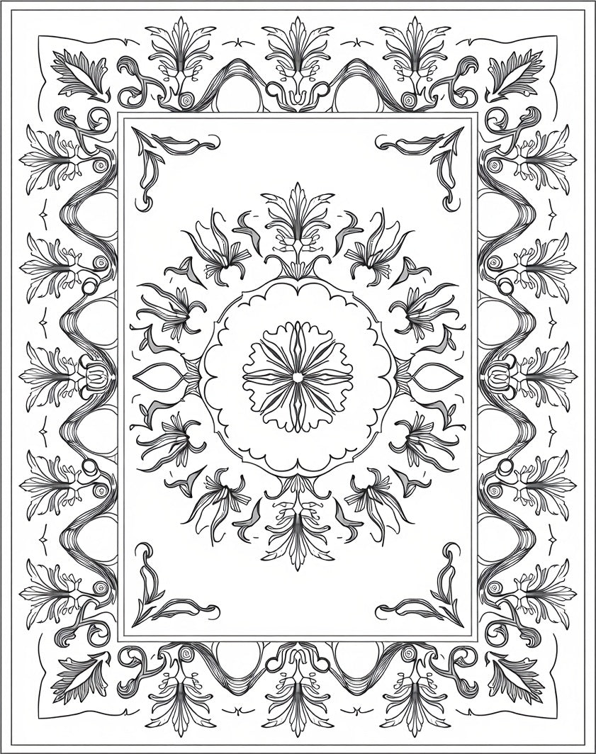 Ornate Floral Scrollwork Panel Design Rug