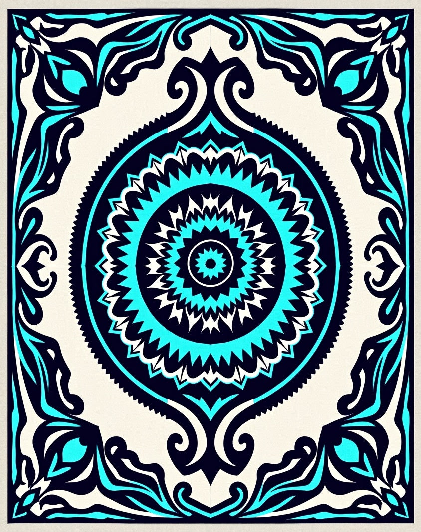 Symmetrical Teal Navy Mandala Pattern Rug
