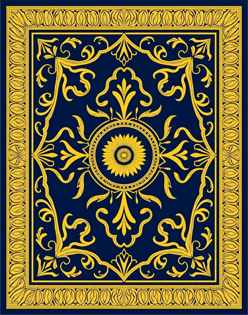 Classic Navy Gold Floral Medallion Rug