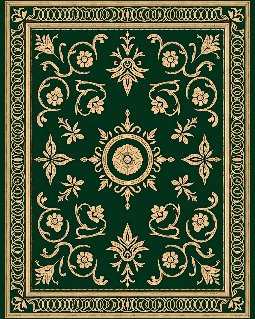 Green And Gold Floral Medallion Rug