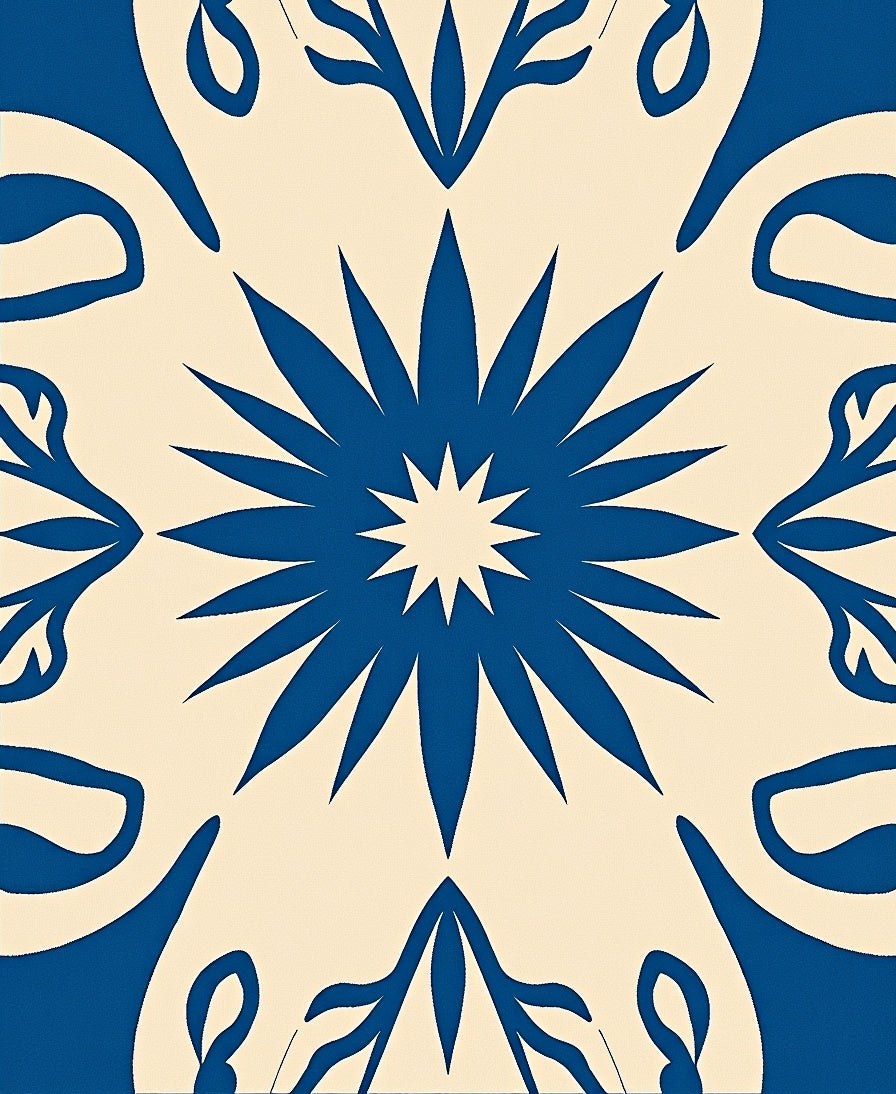Blue Cream Starburst Floral Pattern Rug
