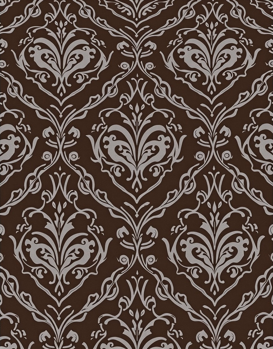 Brown Damask Floral Scroll Pattern Rug