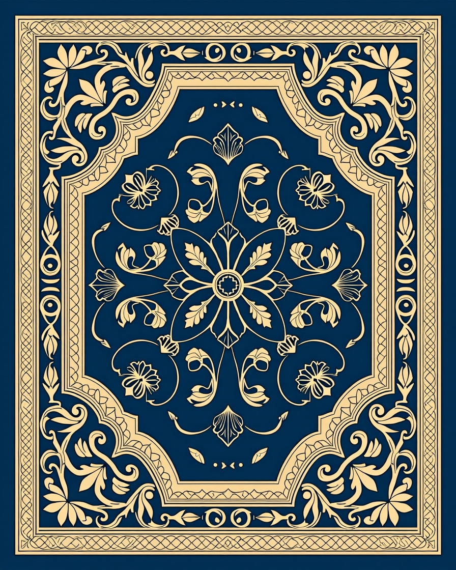 Rich Gold Navy Floral Medallion Design Rug
