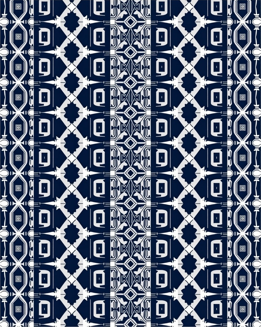 Geometric Blue And White Tribal Pattern Rug