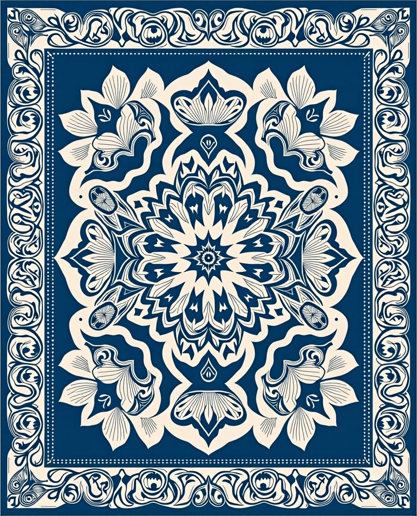 Deep Blue Floral Mandala Motif Rug