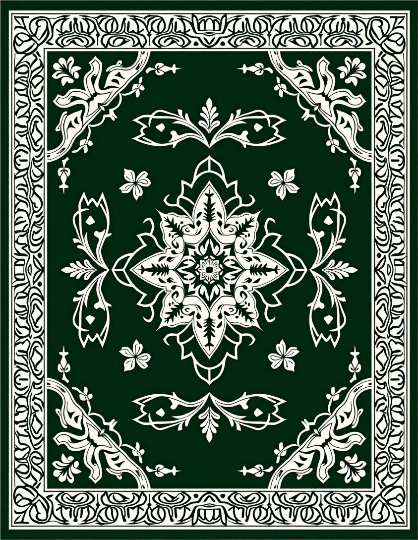 Ornate Green Floral Mandala Pattern Rug