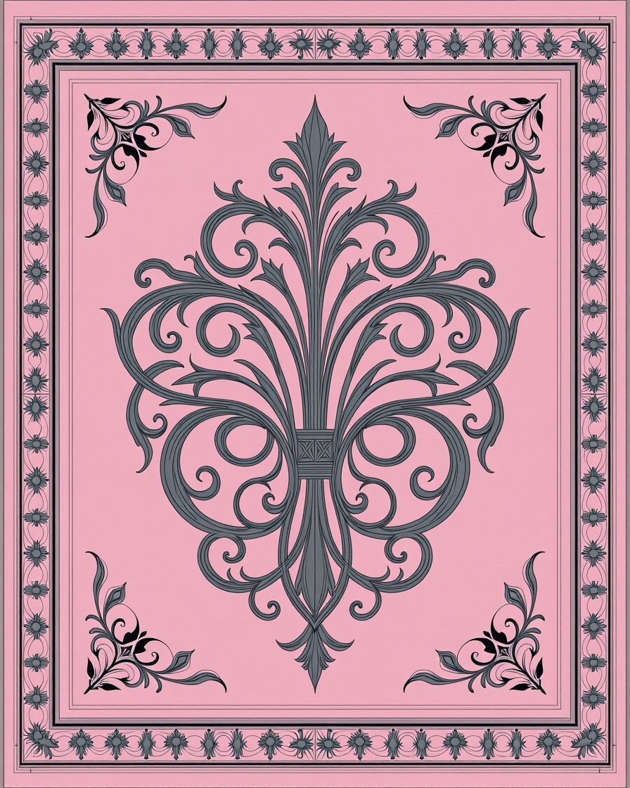 Ornate Grey Pink Flourish Design Rug