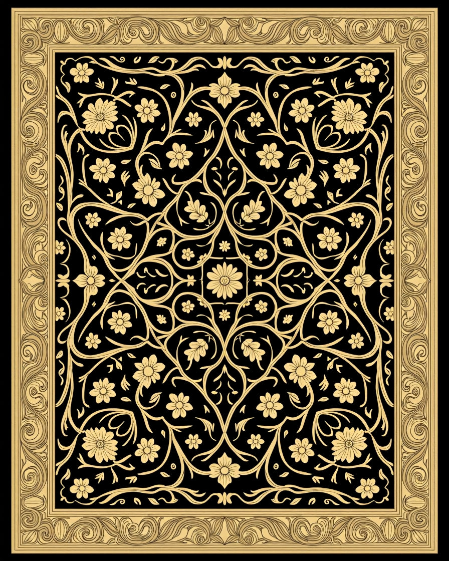 Ornate Golden Floral Vine Pattern Rug