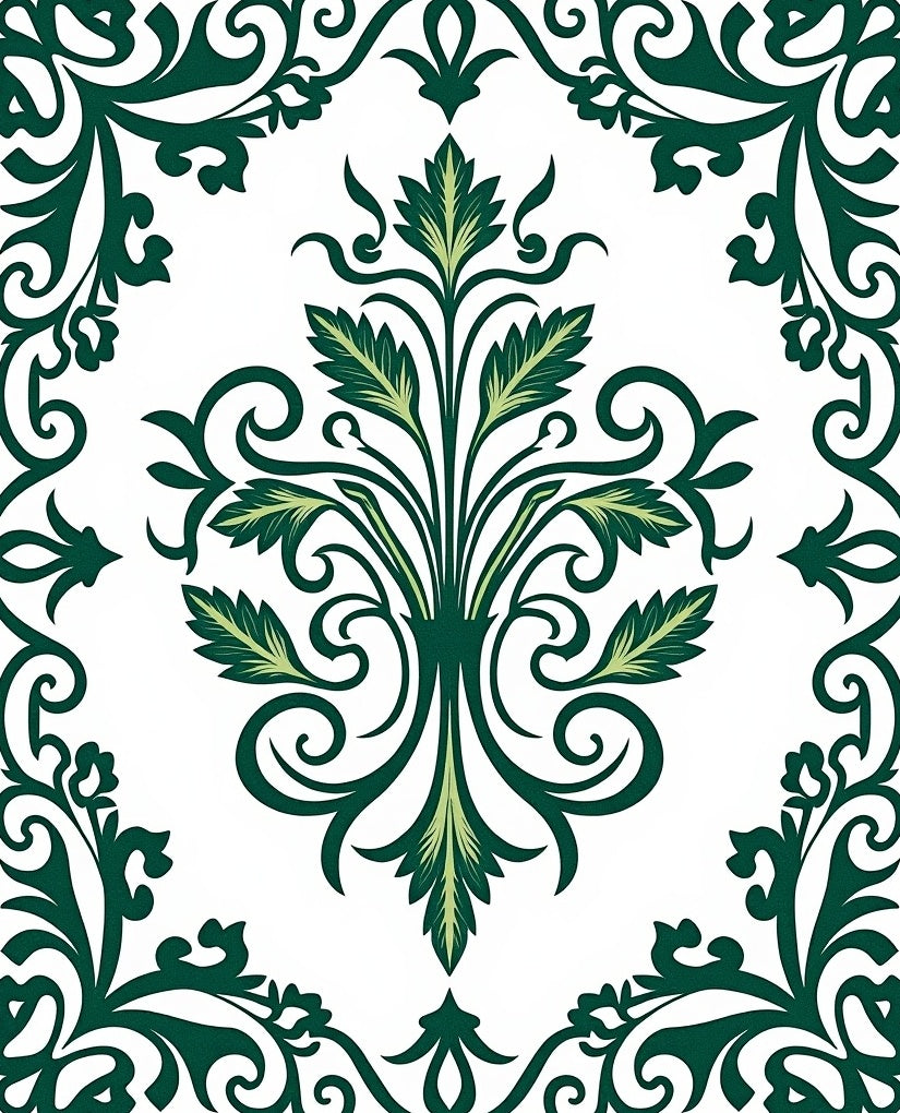 Elegant Green Floral Scrollwork Design Rug