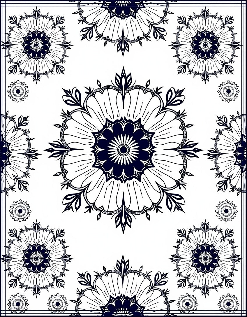 Dark Blue Floral Mandala Pattern Rug