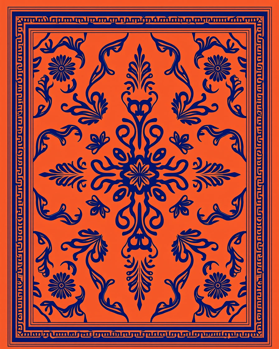 Bold Orange Navy Floral Medallion Rug