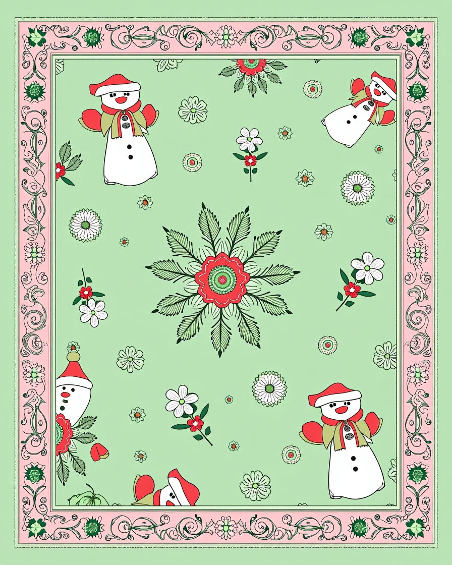 Christmas Snowman Floral Border Rug
