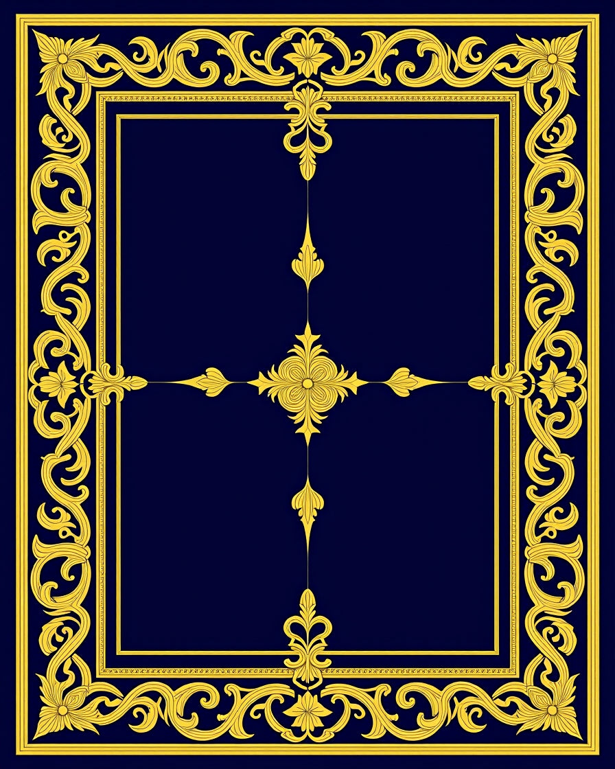 Ornate Gold Scrollwork Border Design Rug
