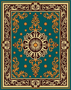 Ornate Teal Gold Floral Medallion Rug