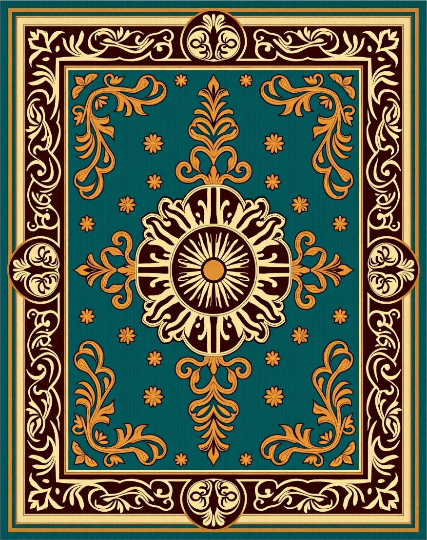 Ornate Teal Gold Floral Medallion Rug