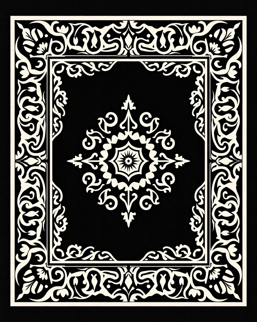 Classic Black White Floral Pattern Rug