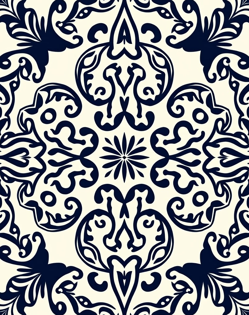 Dark Blue Damask Scroll Pattern Rug