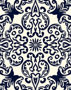 Dark Blue Damask Scroll Pattern Rug