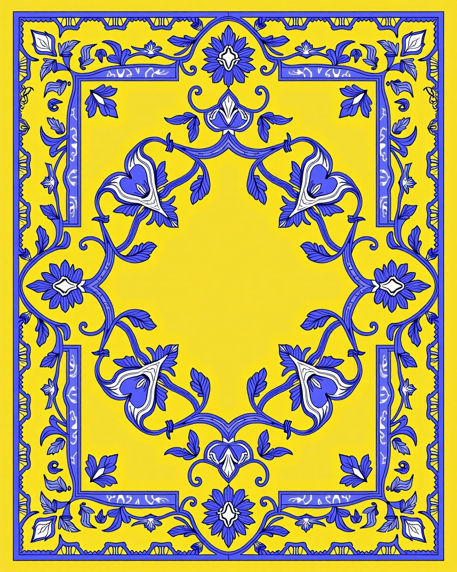 Elegant Yellow Blue Floral Scroll Rug