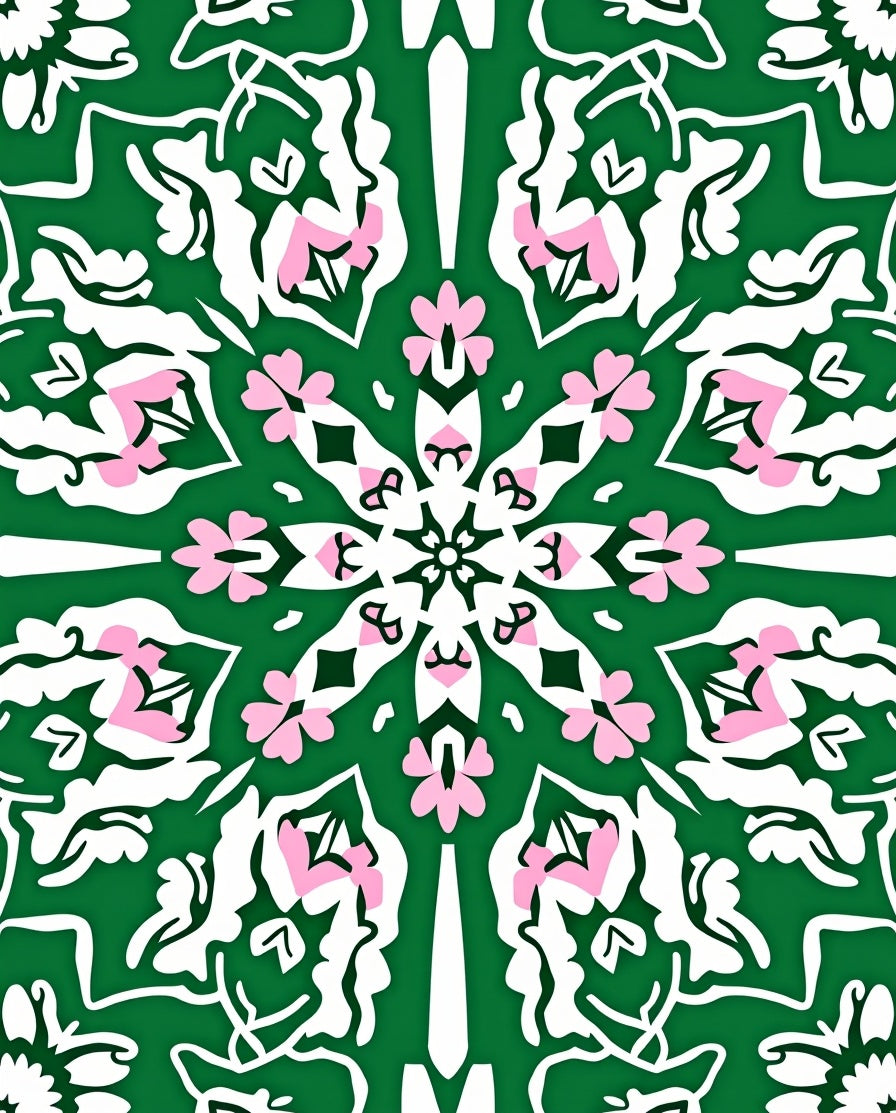Green White Pink Floral Mandala Design Rug