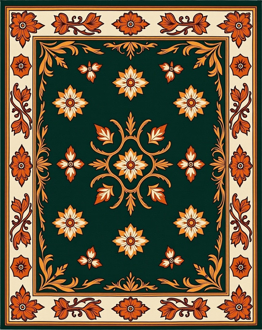 Ornate Dark Green Floral Pattern Rug