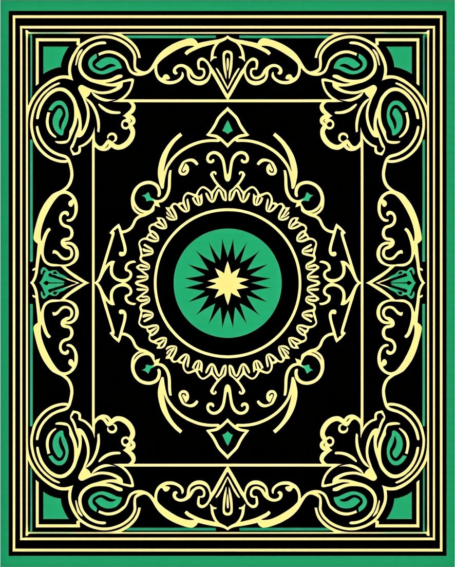Ornate Black Green Golden Pattern Rug