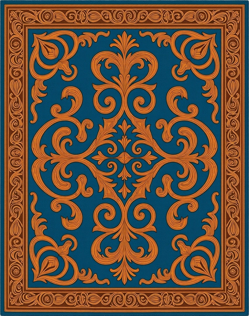 Ornate Teal Orange Flourish Design Rug