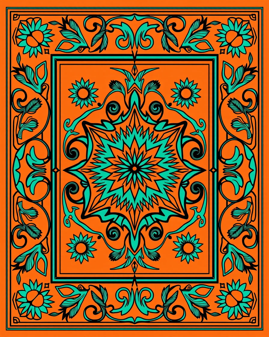Bold Orange Aqua Floral Mandala Square Rug